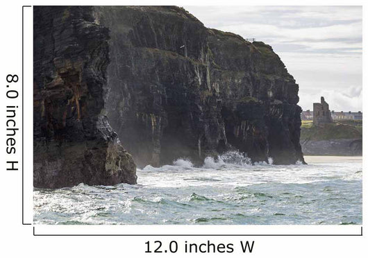 Dark straight cliffs with ruined castle turret Wall Mural