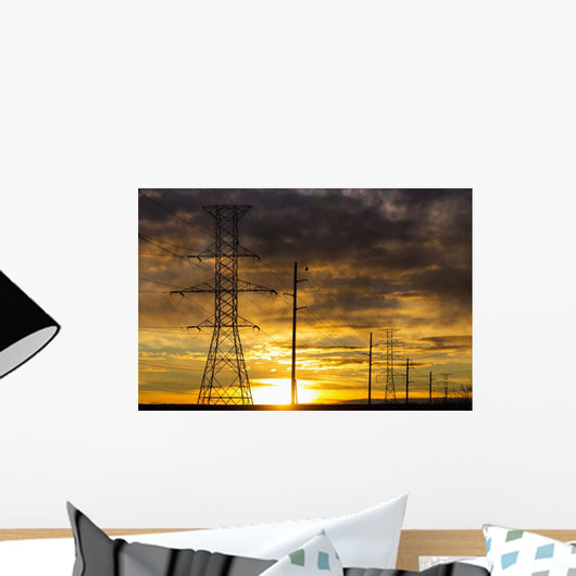 Silhouette of large metal powerline towers Wall Mural