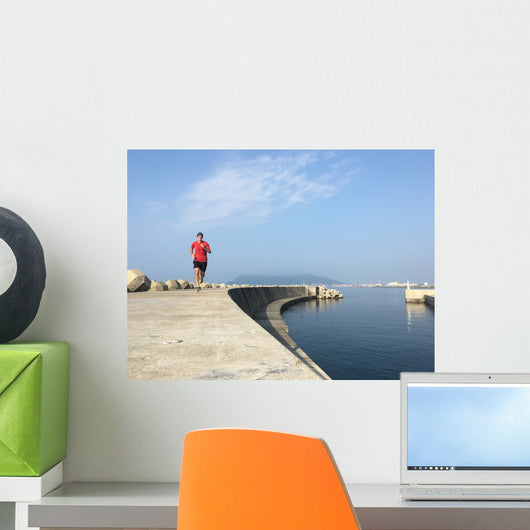 Man running along harbor sea wall Wall Mural