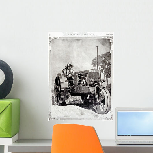 Historic illustration of farmer on Wallis tractor Wall Mural