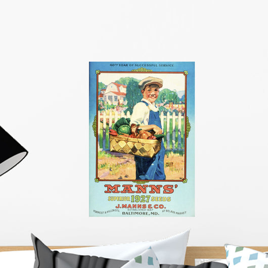Mann's seed catalog with illustration of boy holding vegetables Wall Mural