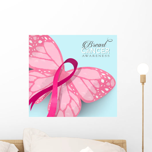 Breast cancer pink butterfly ribbon illustration Wall Mural