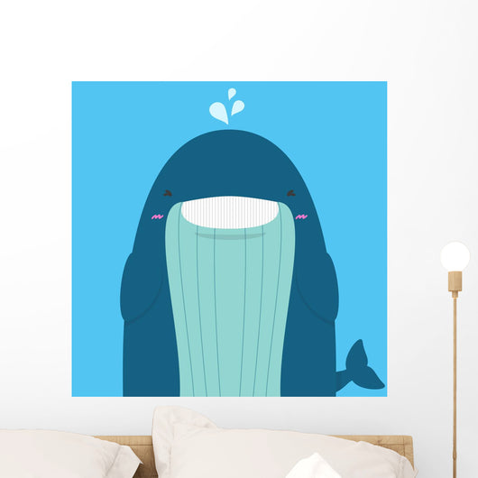 cute big fat whale smile and wink on blue background Wall Mural