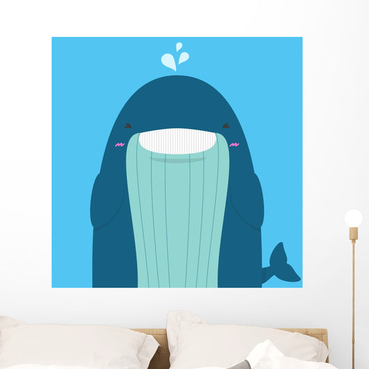 cute big fat whale smile and wink on blue background Wall Mural