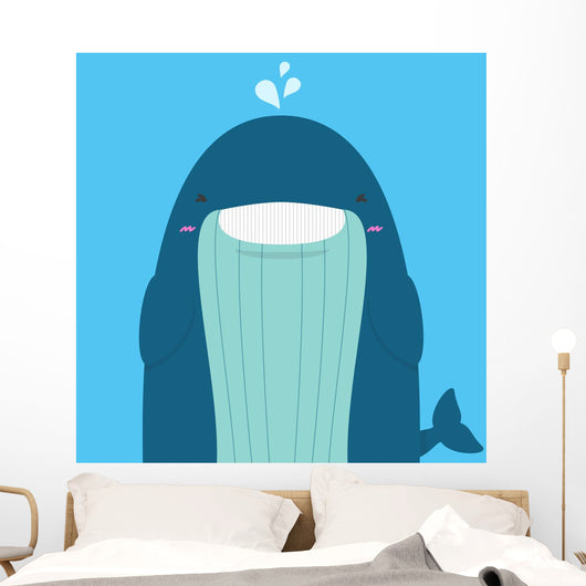 cute big fat whale smile and wink on blue background Wall Mural