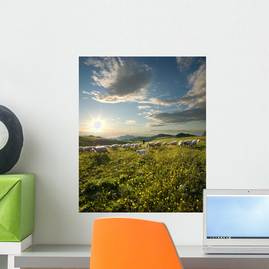 shepherd with dog and sheep grazing flowered field at sunrise Wall Mural