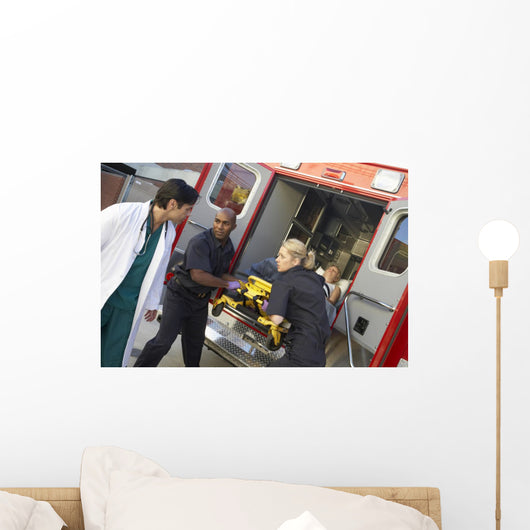 Paramedics and doctor unloading patient from ambulance Wall Mural
