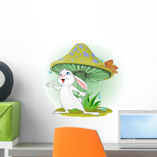Cute Rabbit Wearing Rain Gear Under Mushroom Wall Decal