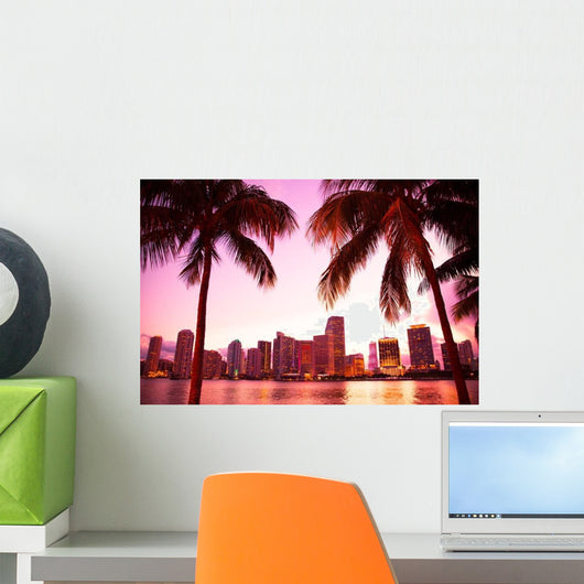 Miami Florida Pink Skyline and Palm Trees Wall Decal