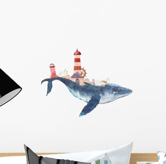 Nautical Watercolor Lighthouse Whale Wall Decal