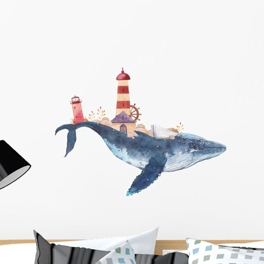 Nautical Watercolor Lighthouse Whale Wall Decal