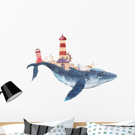 Nautical Watercolor Lighthouse Whale Wall Decal