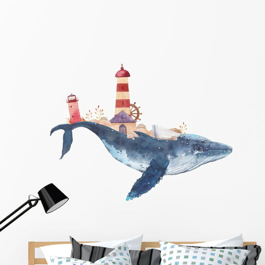 Nautical Watercolor Lighthouse Whale Wall Decal