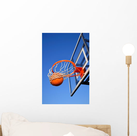 Basketball Shot Falling Through the Net, Blue Sky Wall Mural