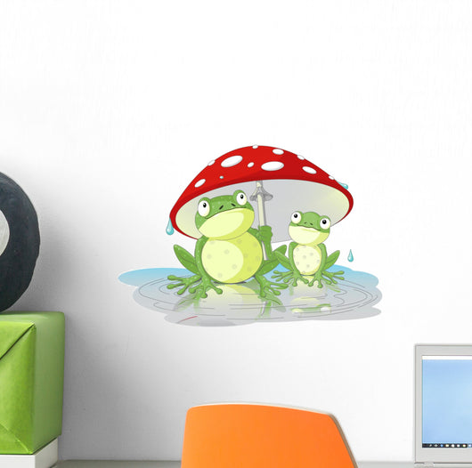 Two Frogs Wearing Rain Gear Under Mushroom Wall Decal
