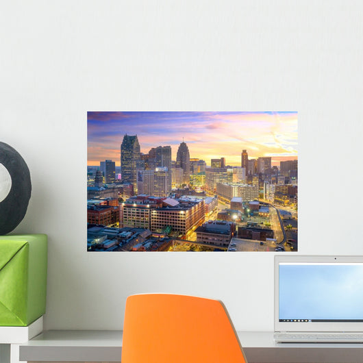 Aerial Downtown Detroit Twilight Wall Decal