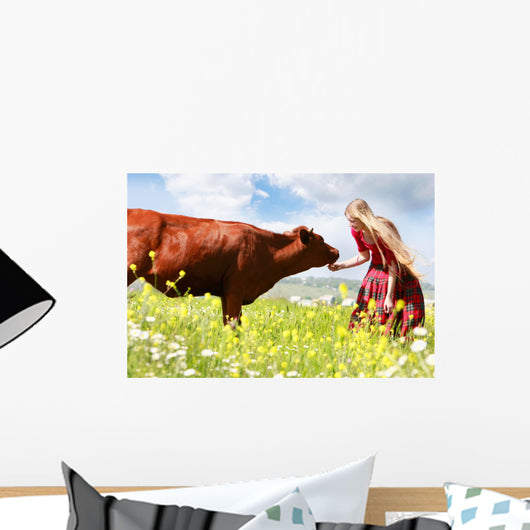Happy Girl Feeding Cow Wall Decal
