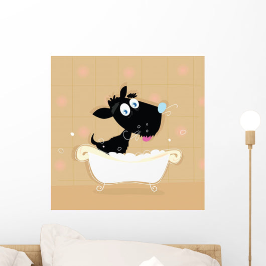 Black dog bath. Bathing black small doggie. VECTOR ILLUSTRATION. Wall Mural