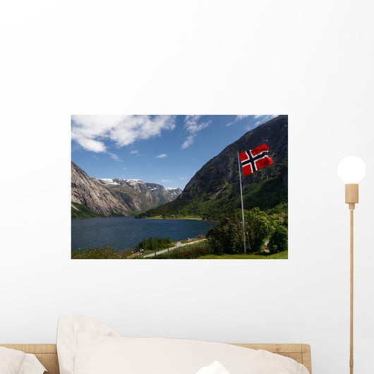 Norwegian Flag at Hardangerfjord, Norway Wall Mural