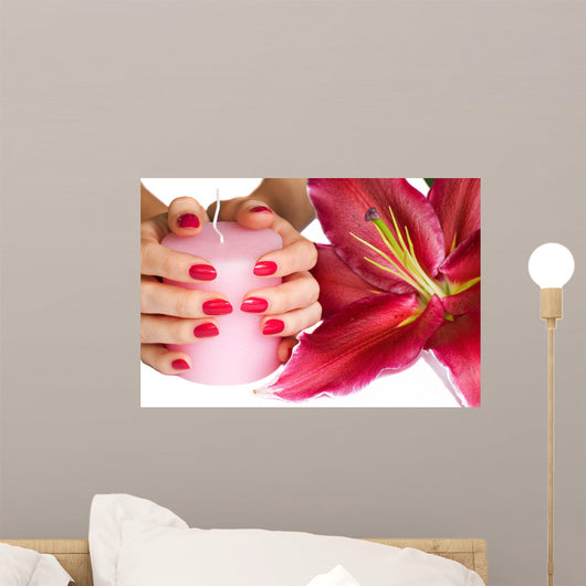Hands With Pink Manicure Candle and Lily Wall Mural