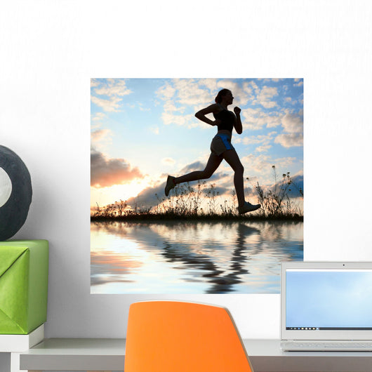 Woman Run Under Blue Sky With Clouds Wall Mural