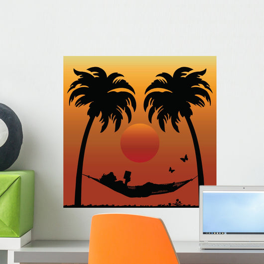 Woman Reading in a Hammock Between Palm Trees Wall Mural
