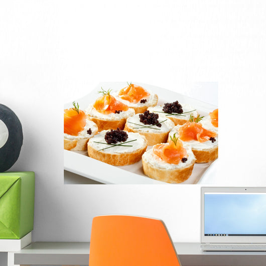 Mini sandwiches - bagel with cream cheese, salmon, caviar Wall Mural