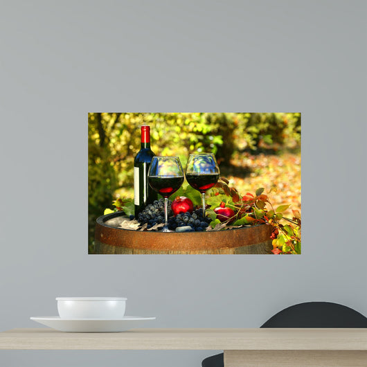 Glasses of Red Wine on Old Barrel Wall Mural