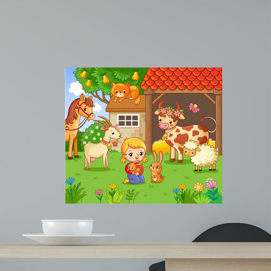Girl Pities Rabbit Farm Wall Decal