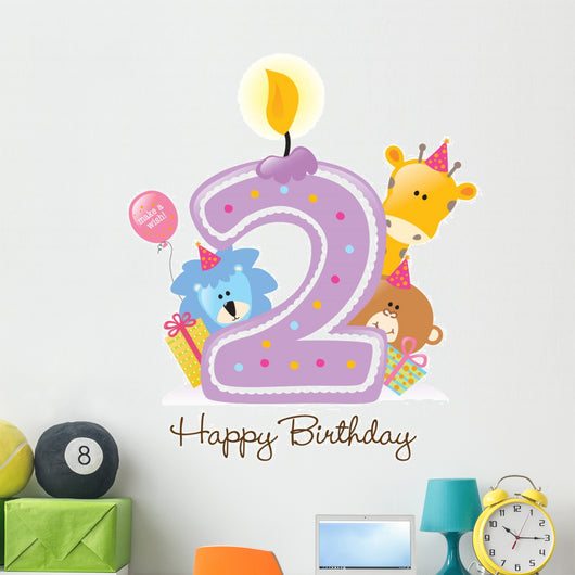 Happy Birthday Candle and Animals Isolated on white Wall Decal