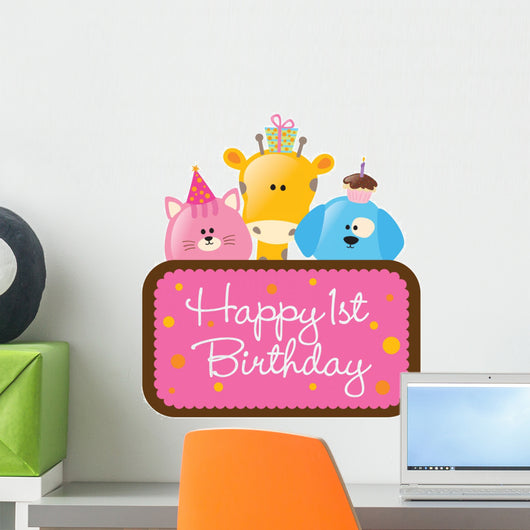 Isolated baby animals with first birthday sign Wall Decal