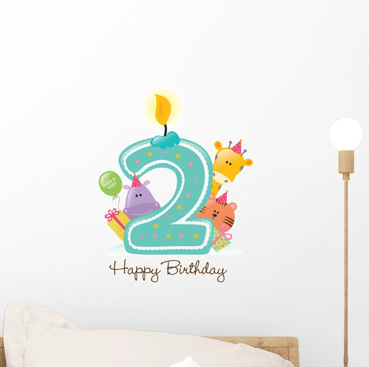 Happy Birthday Candle and Animals Isolated on white Wall Decal