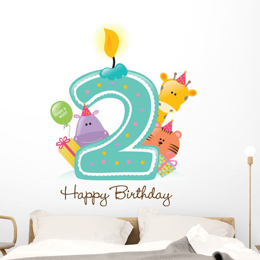 Happy Birthday Candle and Animals Isolated on white Wall Decal