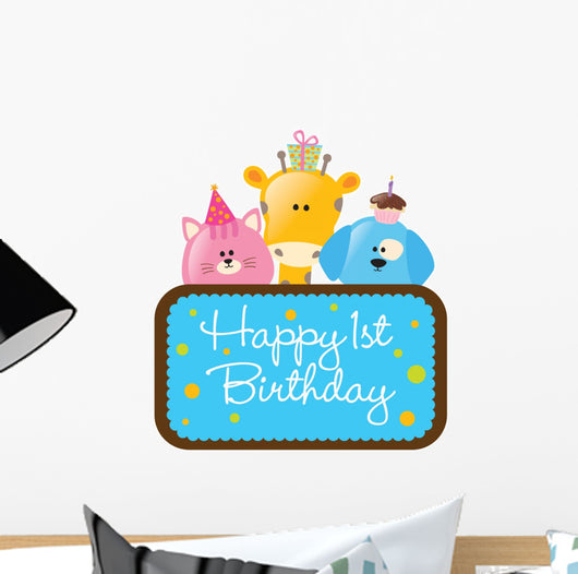 Isolated Baby Animals With First Birthday Sign Wall Decal