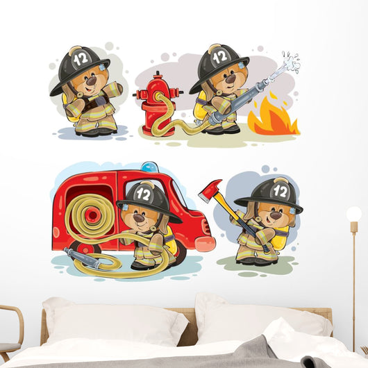 Teddy Bear Firefighter Wall Decal Sticker Set