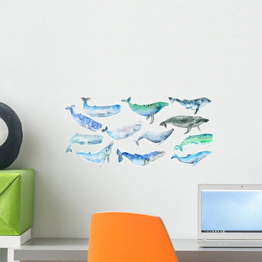 Blue-green Watercolor Whales Wall Decal Sticker Set