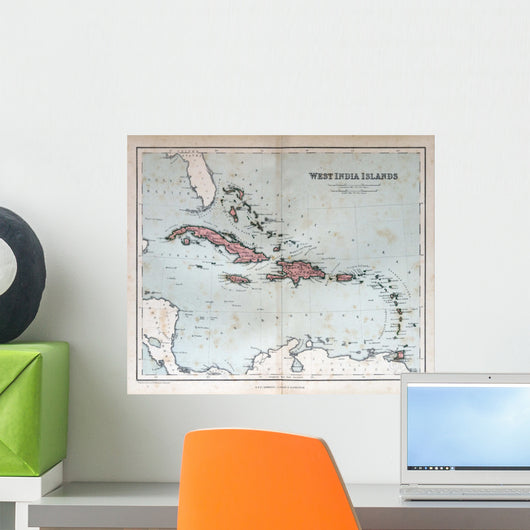 Old map of West India Islands, 1870. Bahamas, Haiti, Puerto Rico Wall Mural
