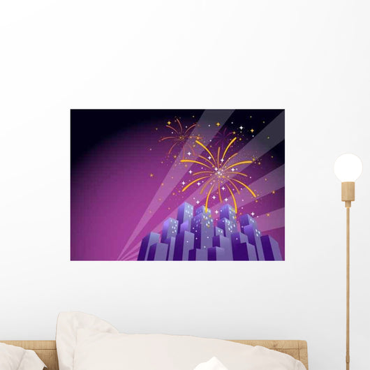 Fireworks over City Skyline-horizontal Wall Decal