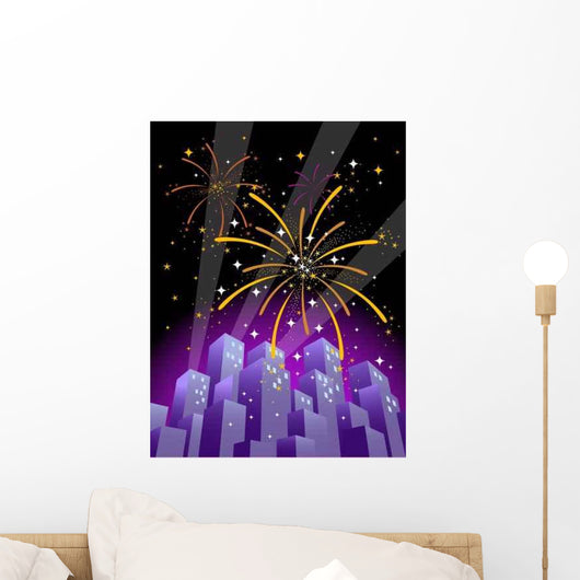 Fireworks over City Skyline Wall Decal Design 3