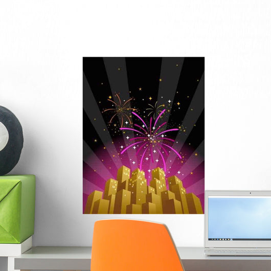 Fireworks over City Skyline Wall Decal Design 1