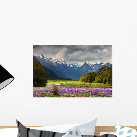Mountain Landscape With Blossoming Field New Zealand Wall Mural