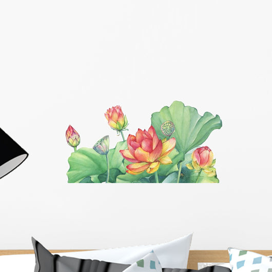 Leafy Pink Lotus Flower Wall Decal