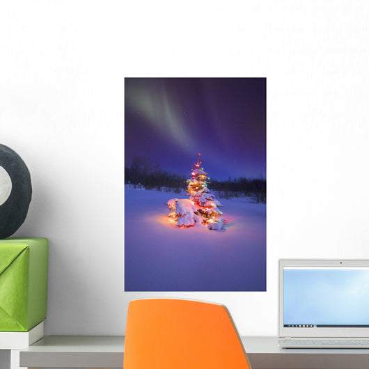 Christmas Tree Glowing Under The Northern Lights Wall Mural