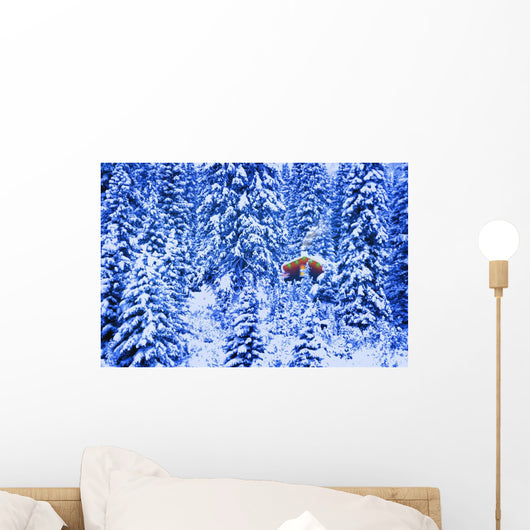 Small Lit Cabin In The Middle Of A Winter Forest Wall Mural