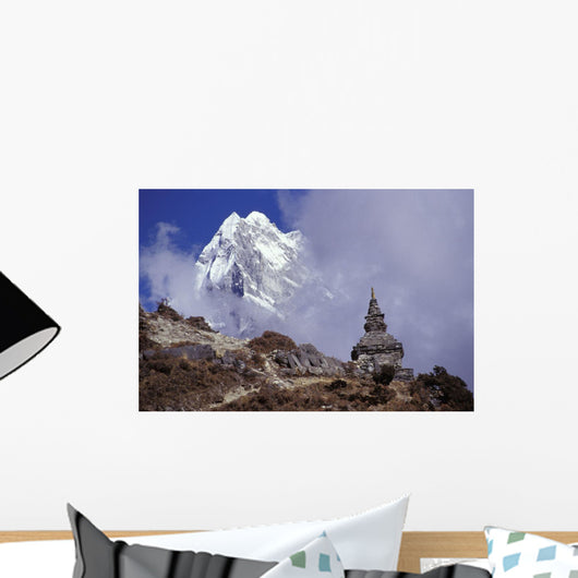 Snow Covered Peak With Cultural Monument In Forefront Wall Mural