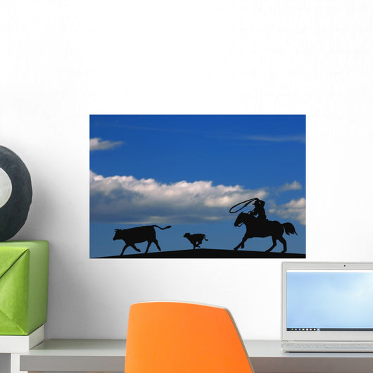 Silhouette Of A Rancher Roping Cattle Wall Mural