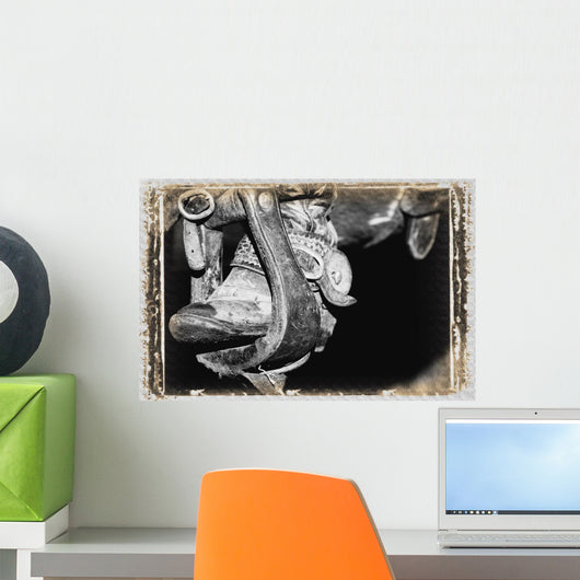A Black And White Photo Of A Cowboy Boot And Stirrup Wall Mural