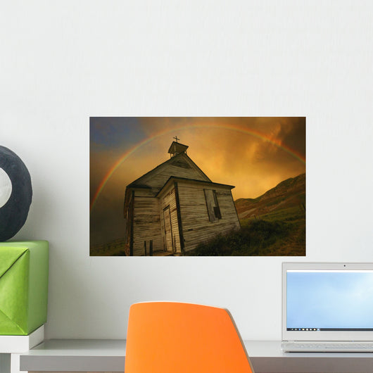 Old Church With Rainbow Over Building Wall Mural