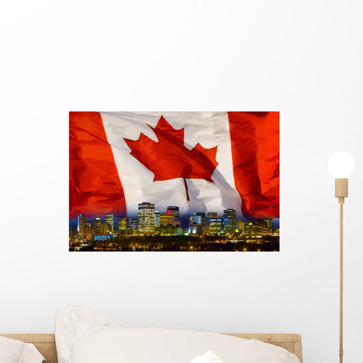 Flag Of Canada Over Alberta's Capital City, Edmonton, Alberta, Canada Wall Mural