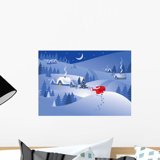 Christmas night village. Vector. Wall Mural